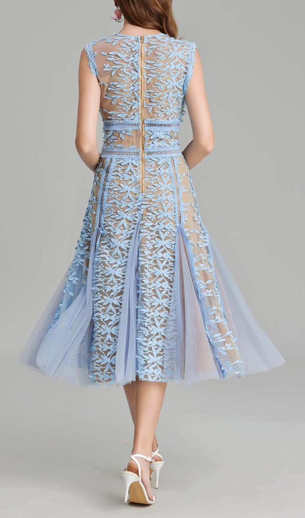 Audrianna Blue Embroidery Mesh Midi Dress