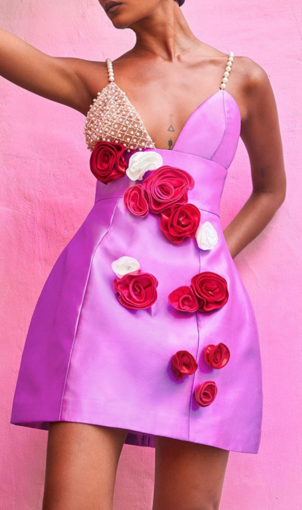 Jovanna Lavender Pearl & 3D Rose Mini Dress - Chic Party Glamour
