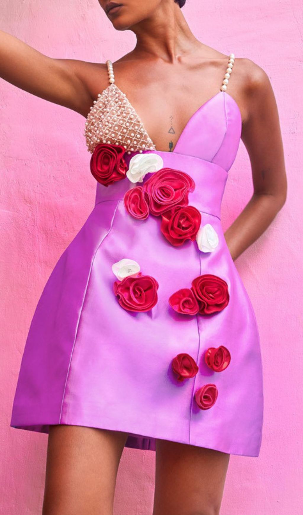 Jovanna Lavender Pearl & 3D Rose Mini Dress - Chic Party Glamour