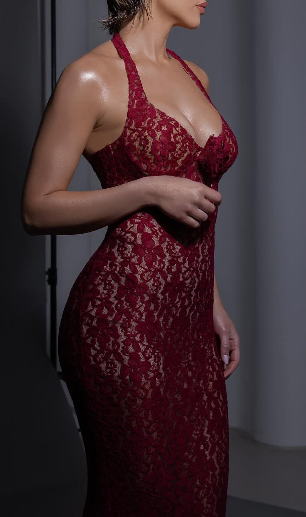 Bedelia Wine Halter Lace Maxi Dress