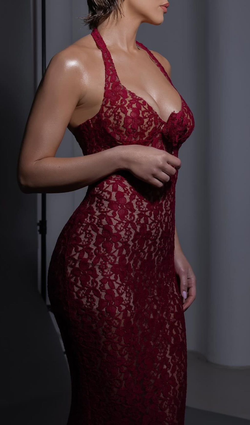 Bedelia Wine Halter Lace Maxi Dress