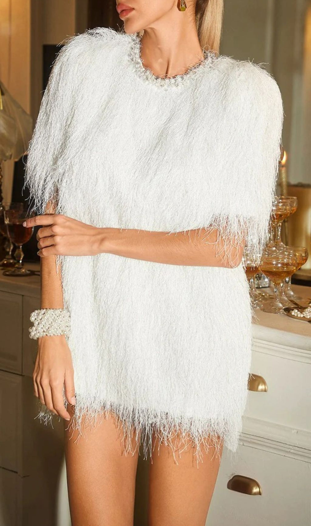 Celena Dazzling White Pearl Fringe Mini Dress - Party & Glam