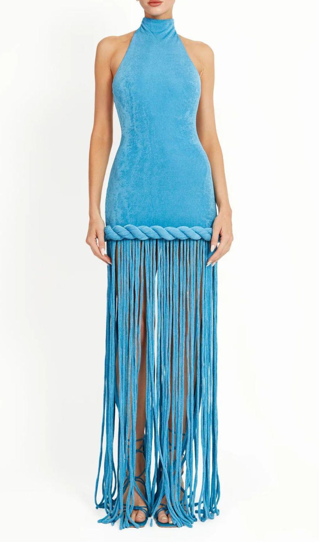 Jamie Dazzling Blue Velvet Halter Fringe Maxi Dress