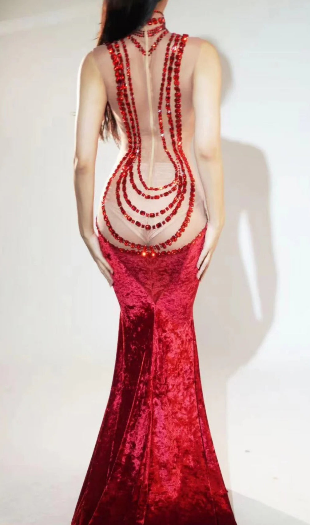 Shelyn Rhinestone Velvet Mermaid Maxi Dress In Red