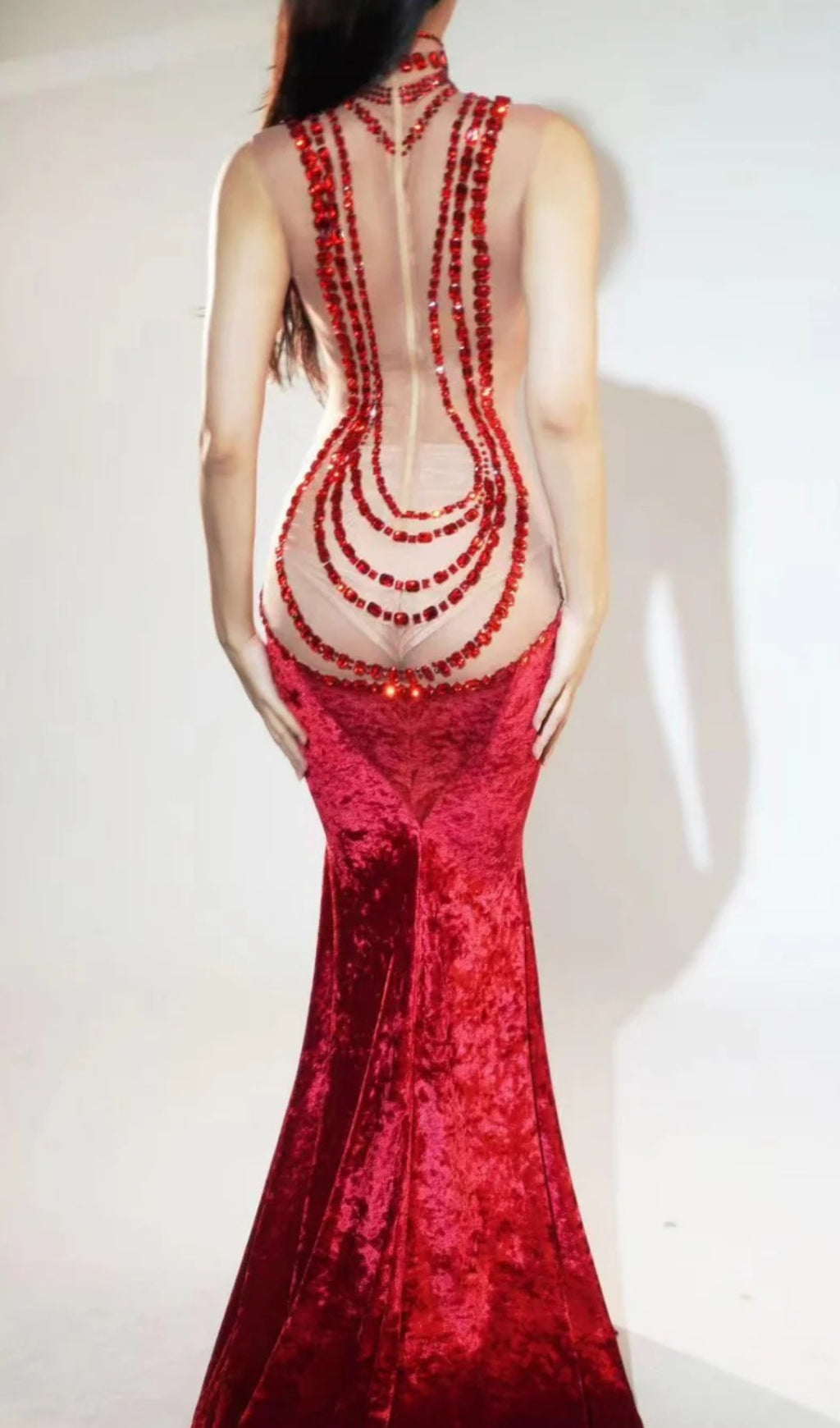 Shelyn Rhinestone Velvet Mermaid Maxi Dress In Red
