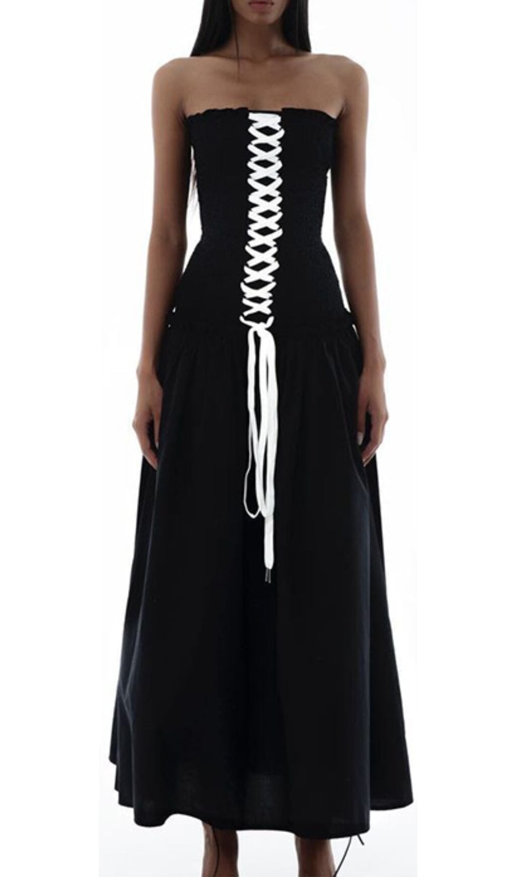 Front Lace Up Strapless Maxi Dress In Black