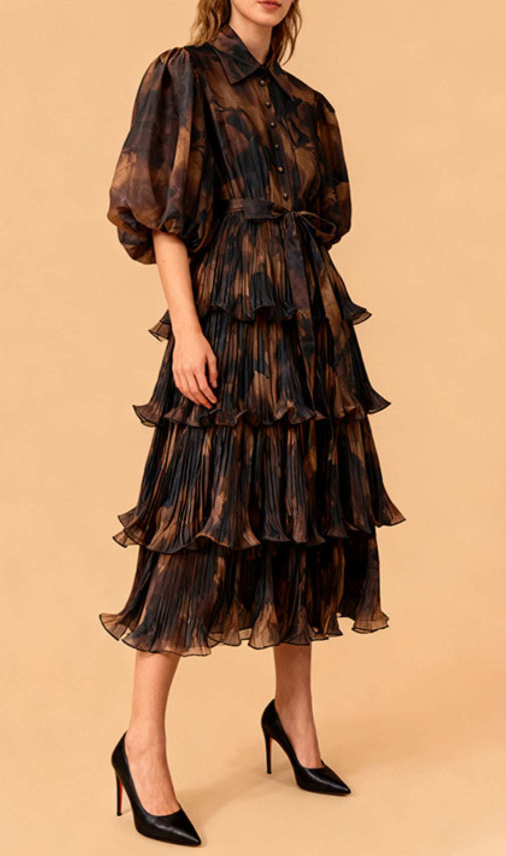 Ilma Vibrant Teal & Blue Printed Puff Sleeve Layered Midi Dress