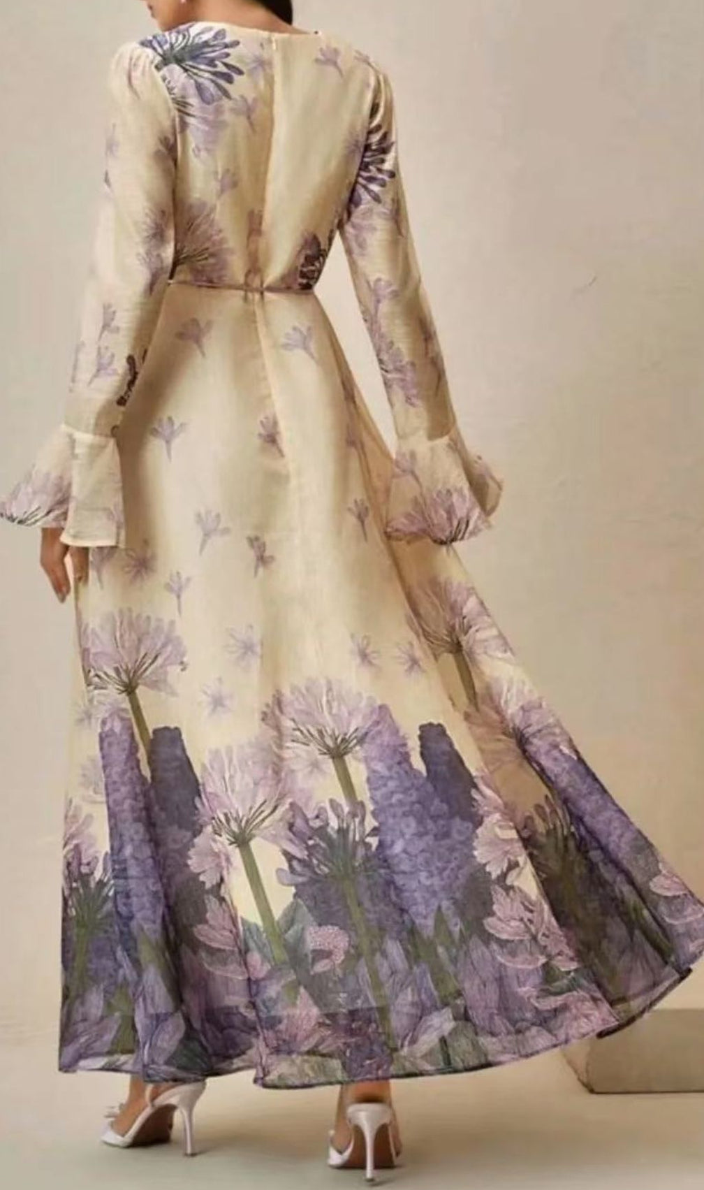 Isadore Elegant Floral Maxi Dress - Long Sleeve Chiffon Gown with Flower Belt