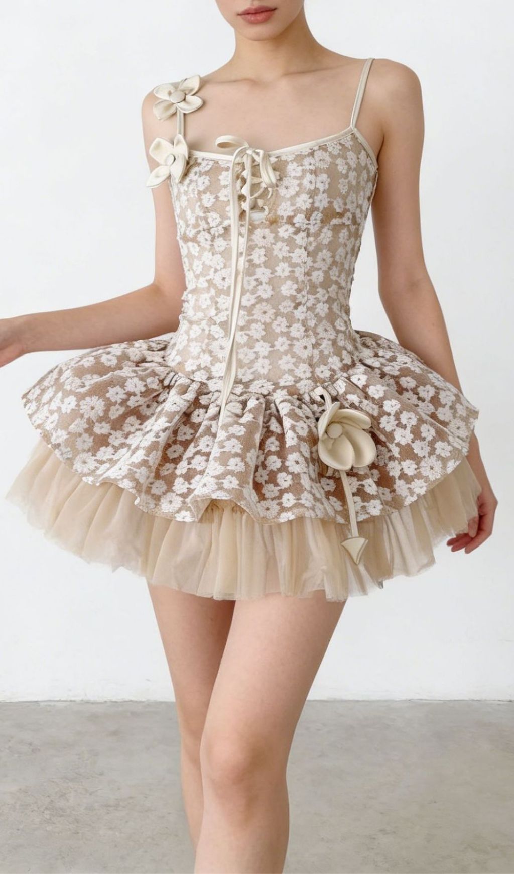 Kerstin Whimsical Floral Mesh Mini Dress | Ethereal Lace-Up Babydoll
