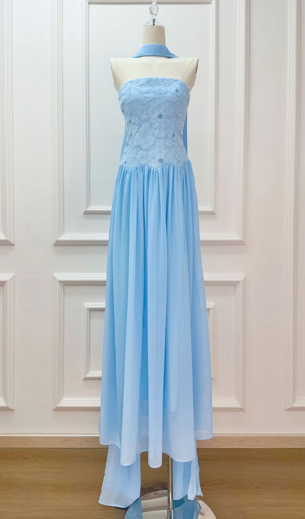 Kenley Sky Blue Strapless Floral Appliqué Maxi Gown with Shawl