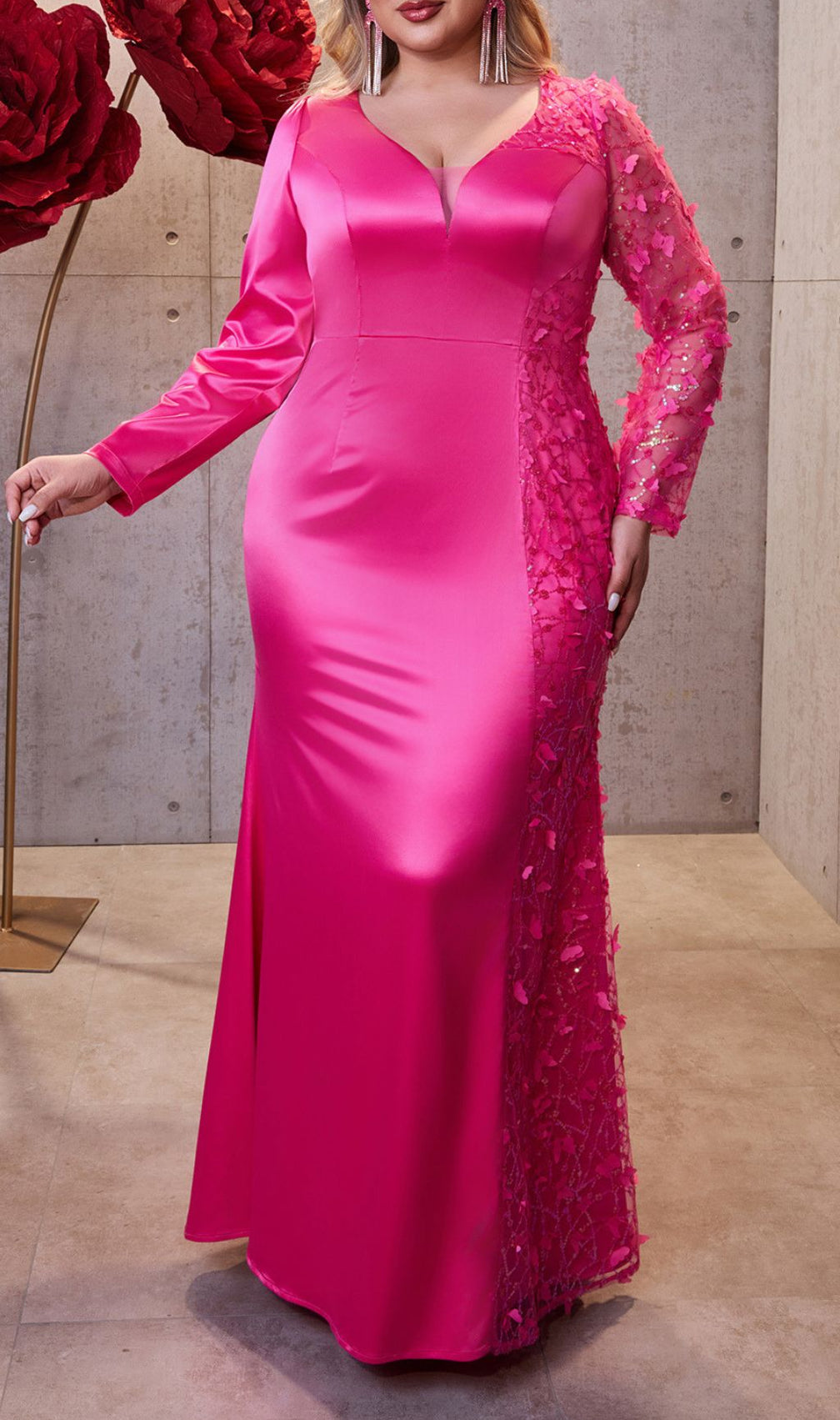 Idina Glamour Pink Plus Size Long Sleeve Sequin Maxi Dress - Formal Evening Gown