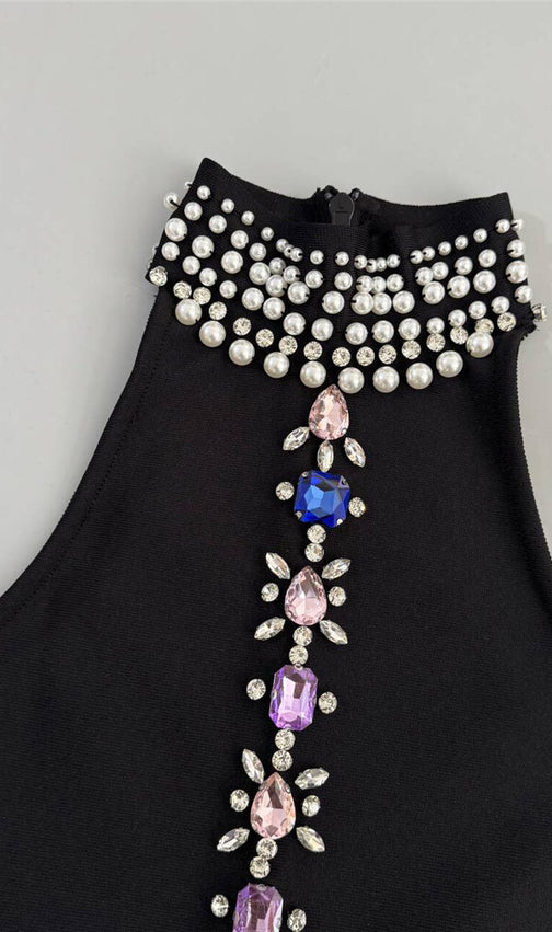 Janae Black Diamante Embellished Halter Neck Maxi Gown - Luxury Evening Dress