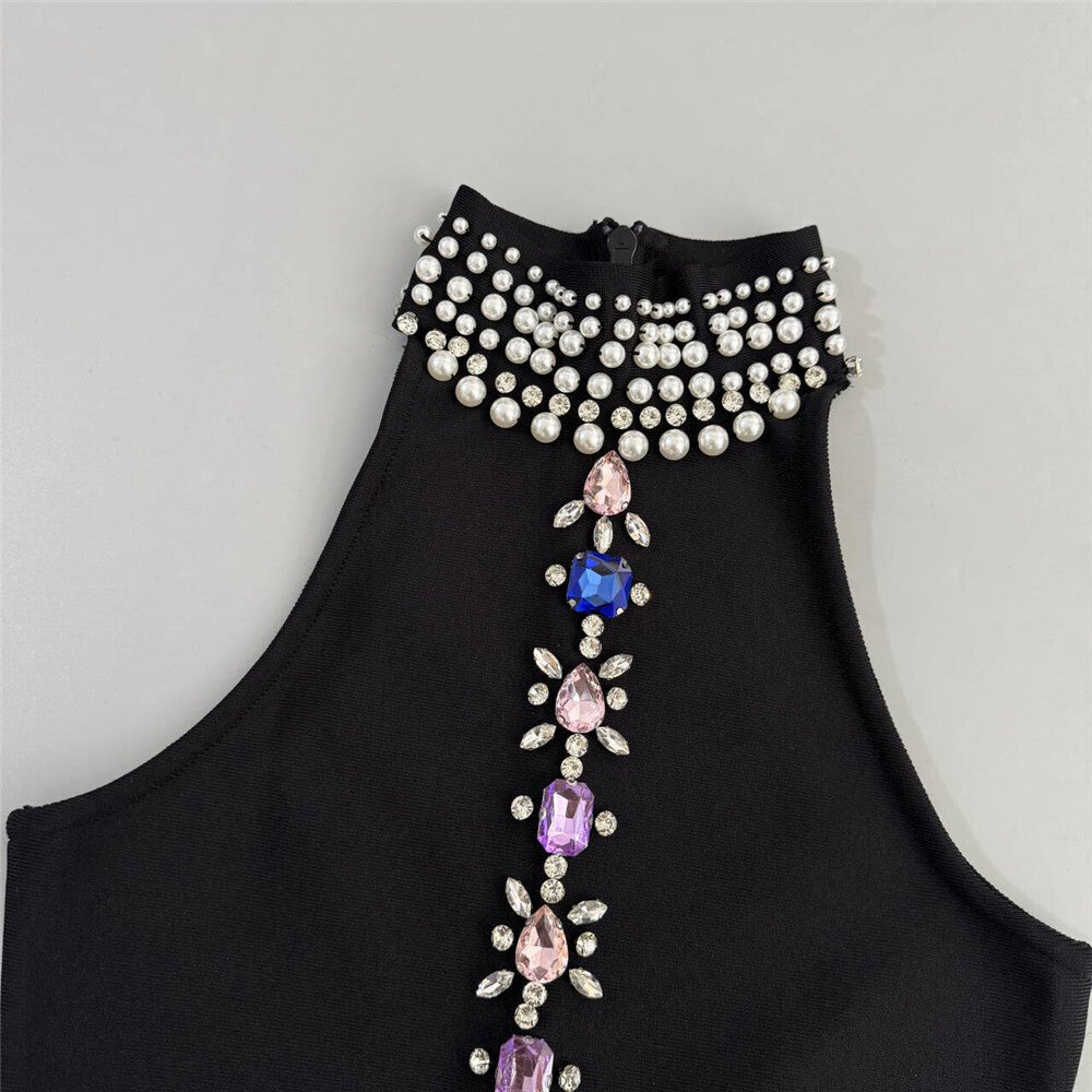 Janae Black Diamante Embellished Halter Neck Maxi Gown - Luxury Evening Dress