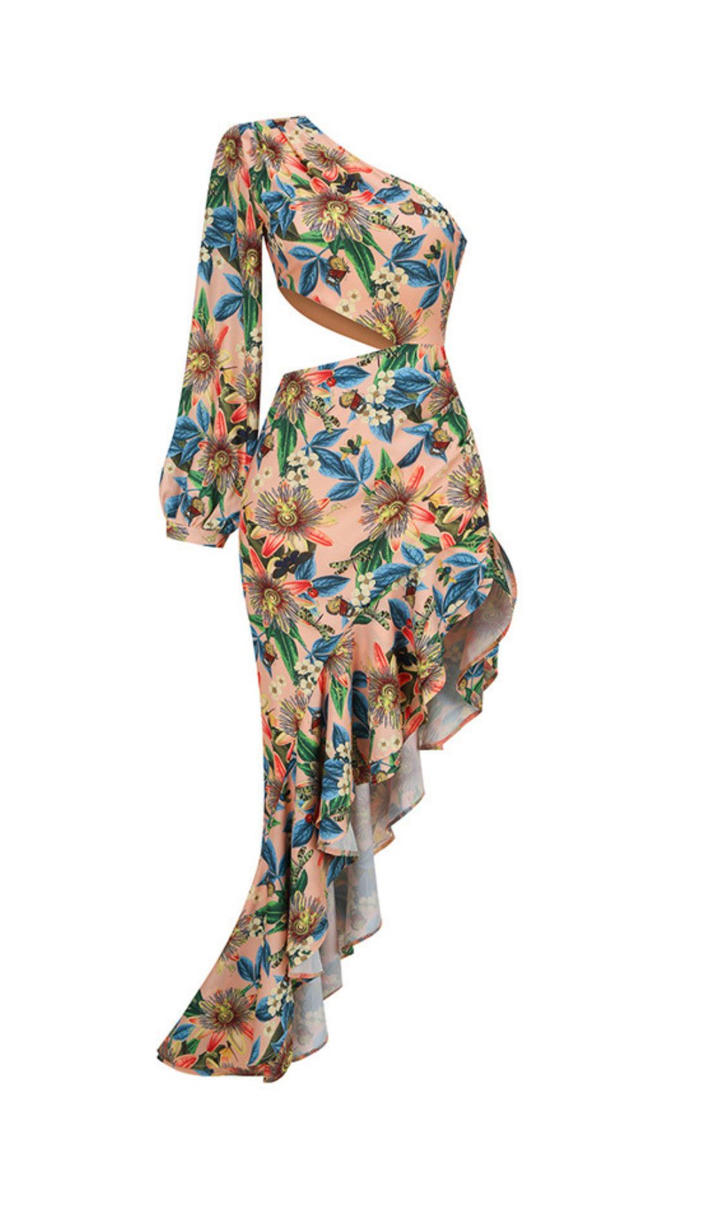 Javen Tropical Floral One-Shoulder Cutout High-Low Dress