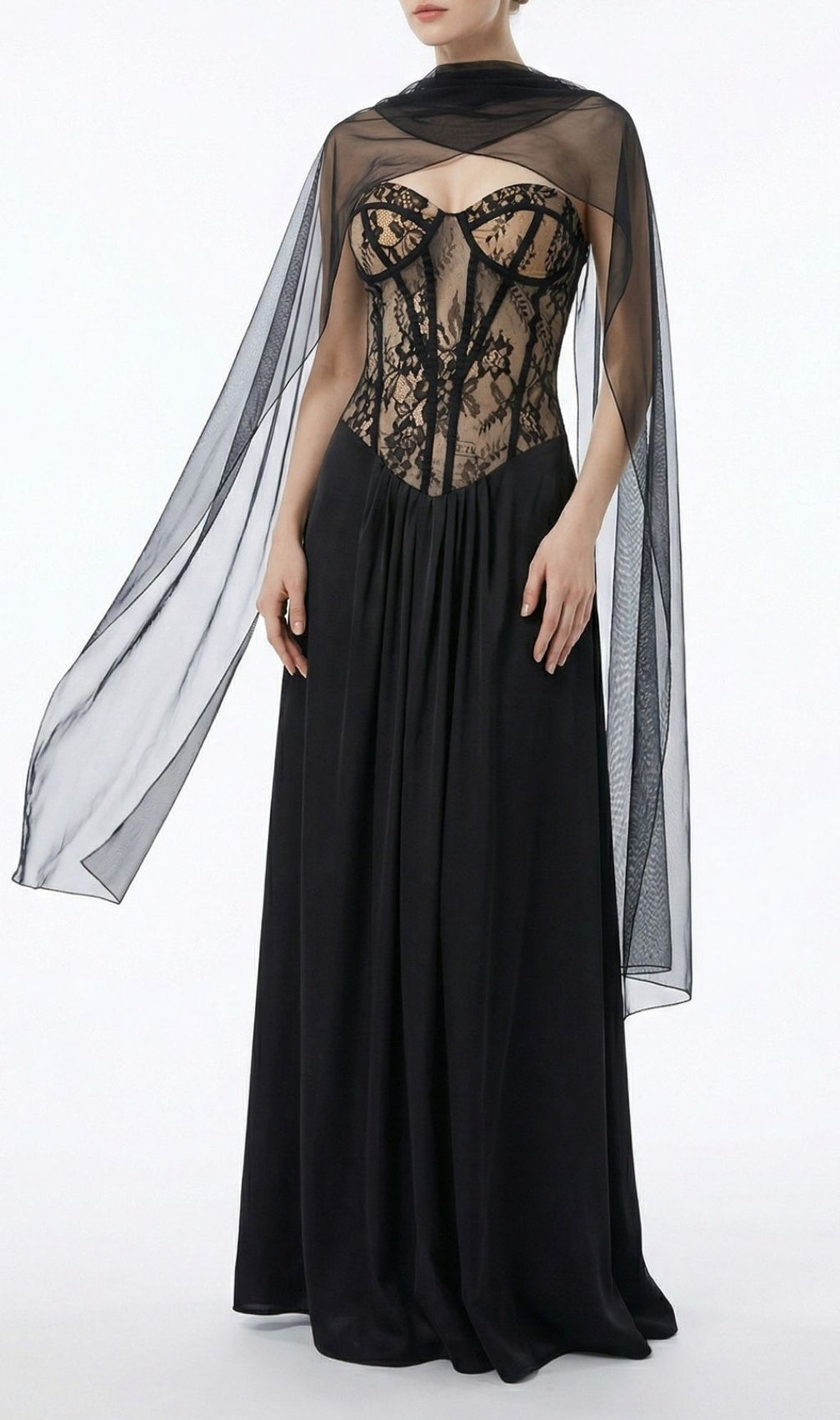 Kalei Black Lace Corset Maxi Dress with Sheer Cape Overlay | Elegant Evening Gown