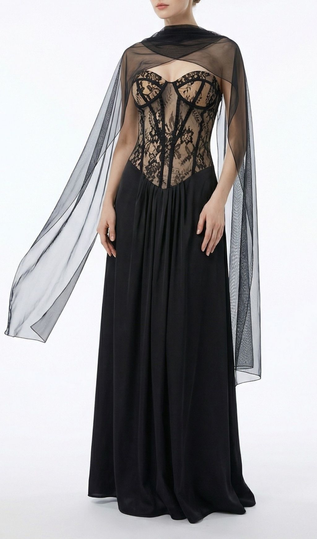 Kalei Black Lace Corset Maxi Dress with Sheer Cape Overlay | Elegant Evening Gown