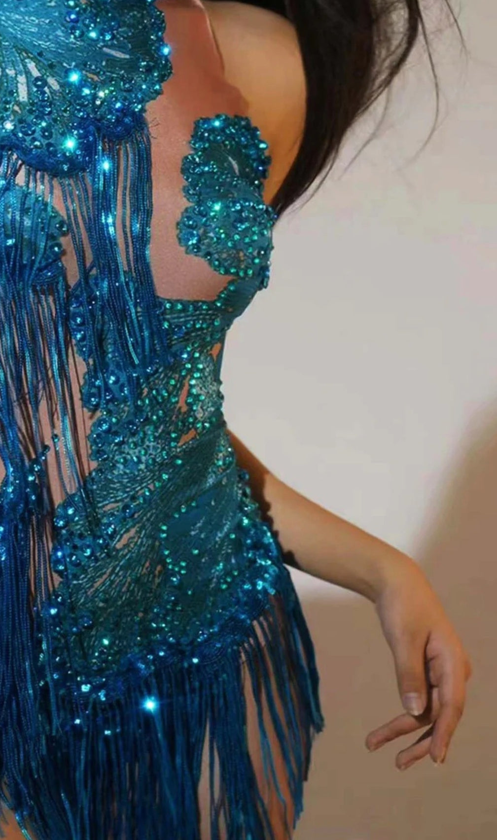 Shatora One Shoulder Rhinestone Fringe Bodysuit In Blue