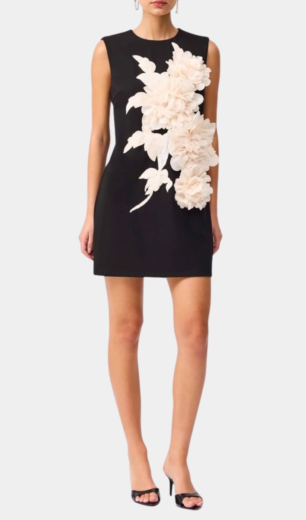 Jocasta Elegant Black Mini Dress with 3D Floral Appliqué