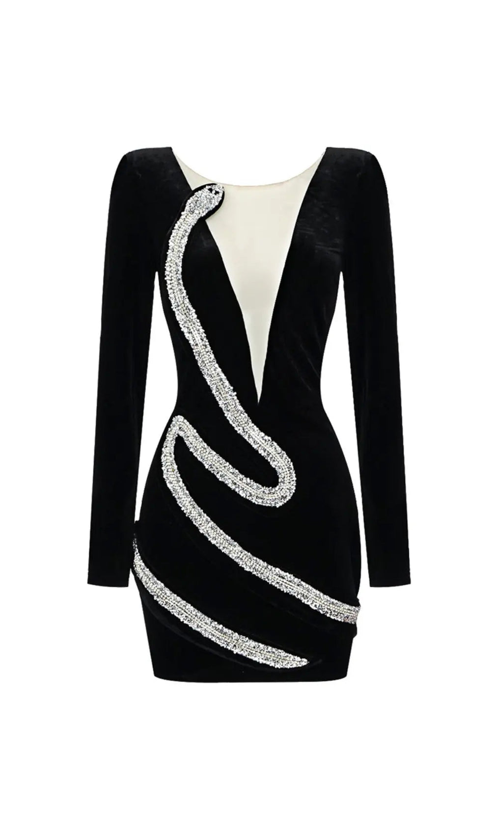 Rhinestone Serpenta Deep-V Velvet Mini Dress