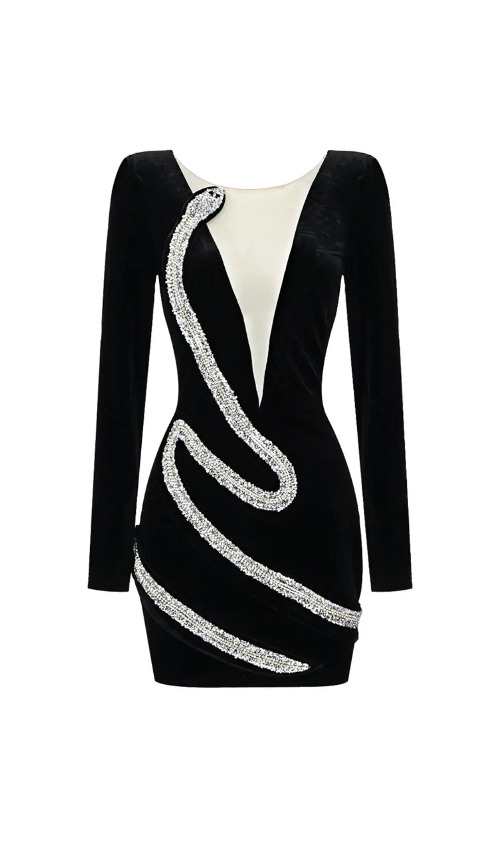 Rhinestone Serpenta Deep-V Velvet Mini Dress