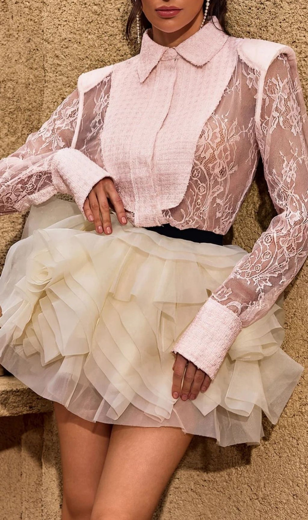 Chasya Elegant Pink Lace & Tweed Sheer Long Sleeve Blouse