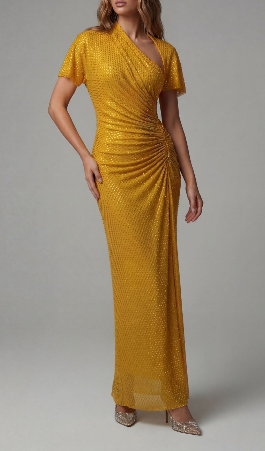 Kennedy Crystal Ruched Maxi Dress: Dazzling Wheat Gown for Unforgettable Evenings