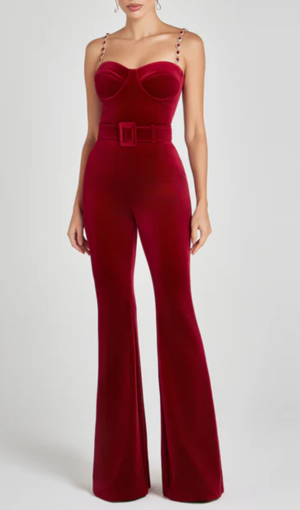 Bustier Detail Velvet Jumpsuit Red