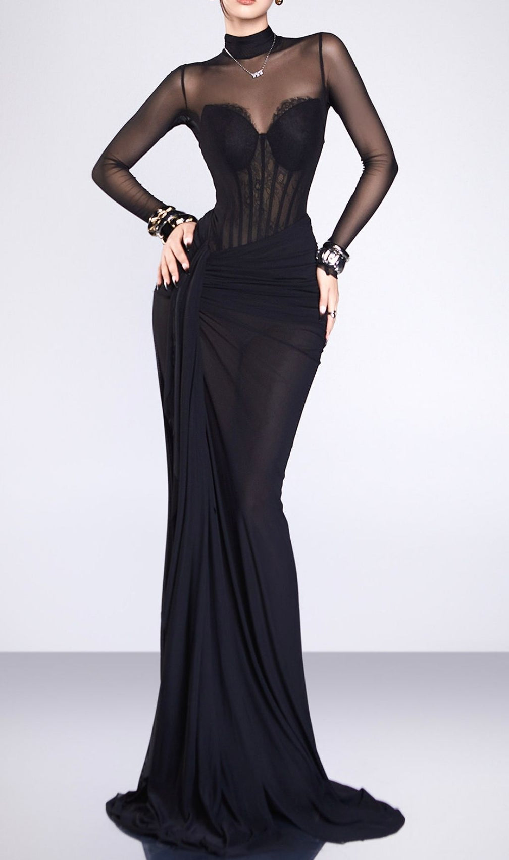 Karenza Black Corset Sheer Sleeve Maxi Gown - Elegant Formal Evening Dress