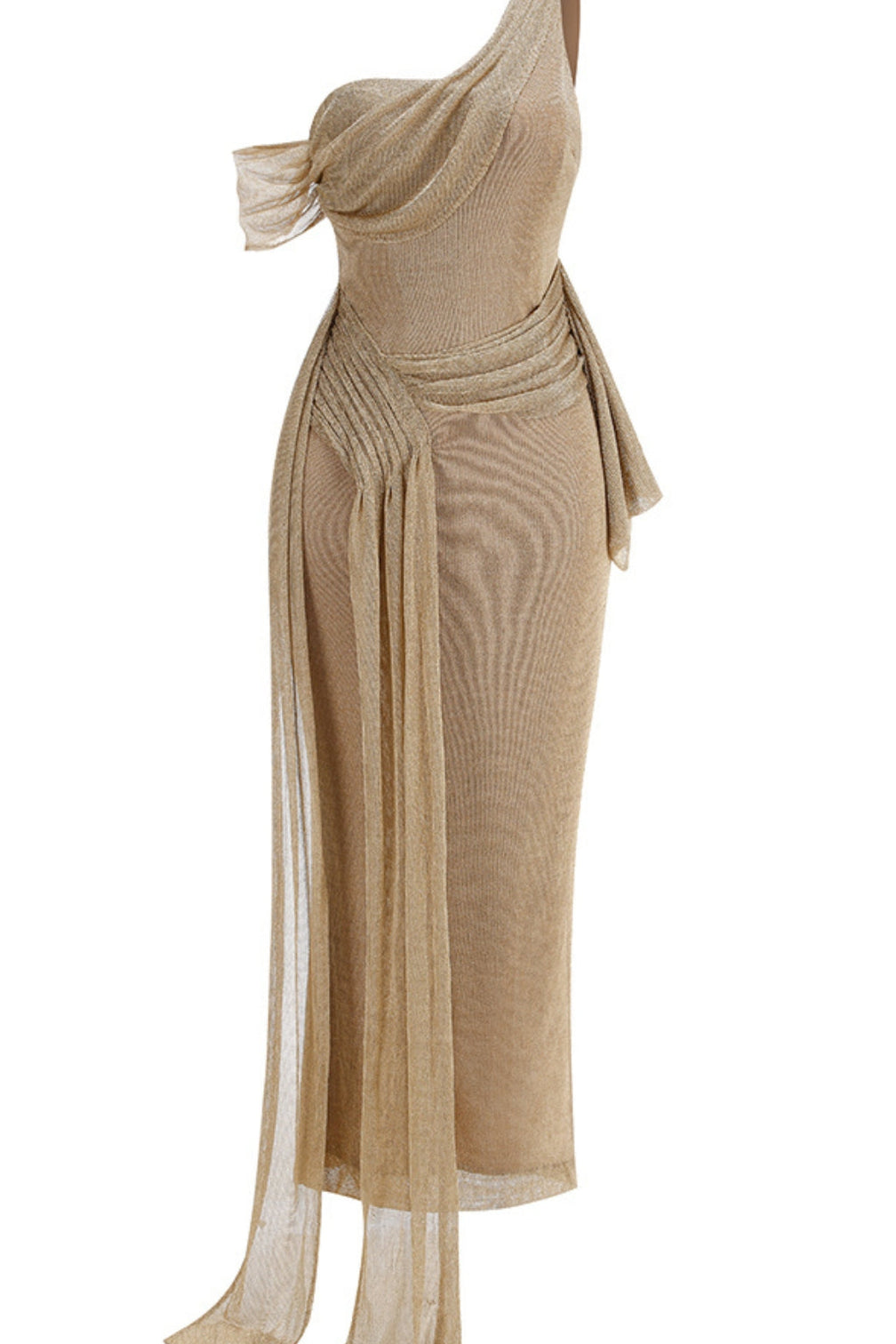 One Shoulder Draped Metallic Gown