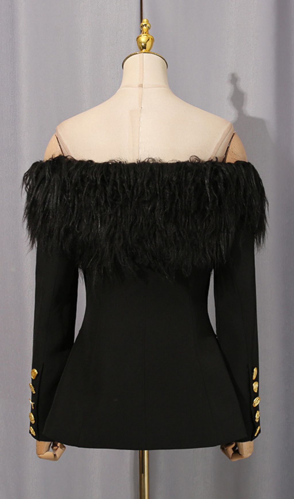 Hyunh Black Off-Shoulder Faux Fur Blazer | Golden Eye Buttons