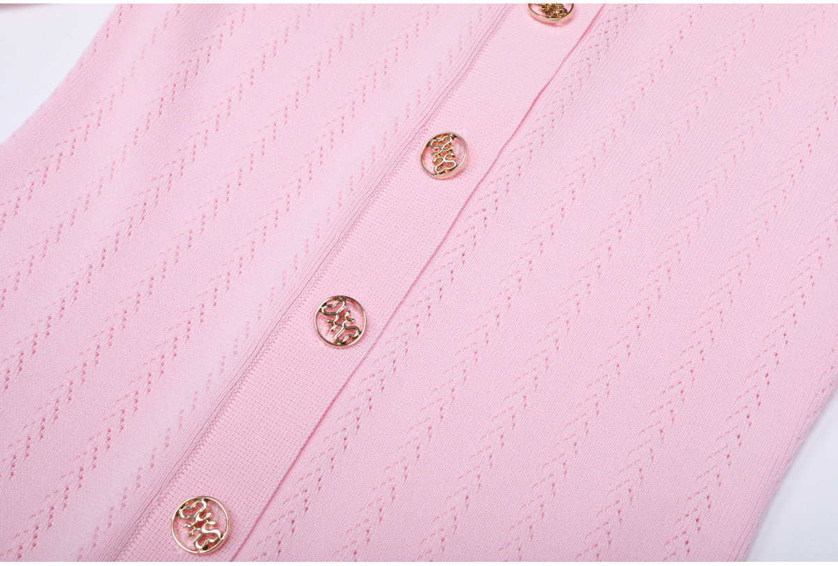 Karolina Pink Crochet Collar Knit Midi Dress - Elegant Button-Front Style