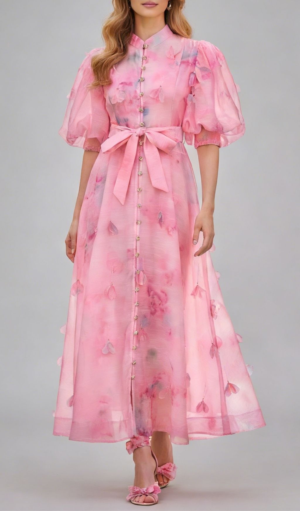 Karli Romantic Pink Floral Puff-Sleeve Maxi Dress | Elegant Chiffon Gown