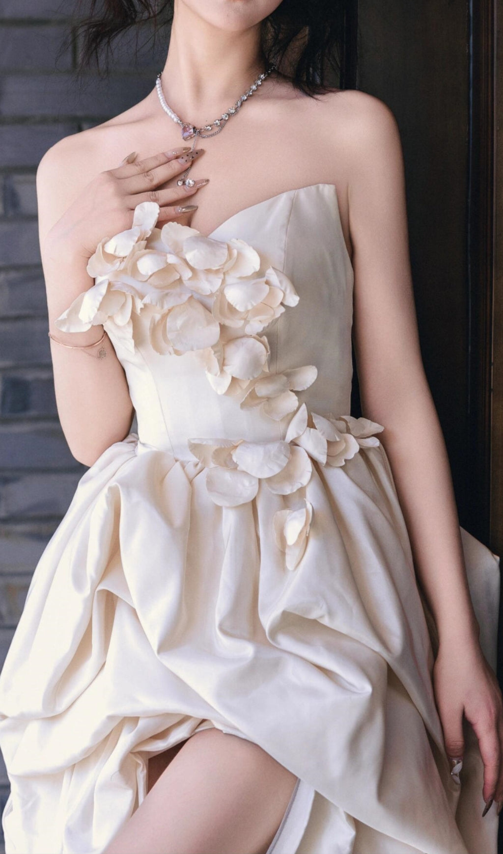 Dalal White Strapless Petal Wedding Dress