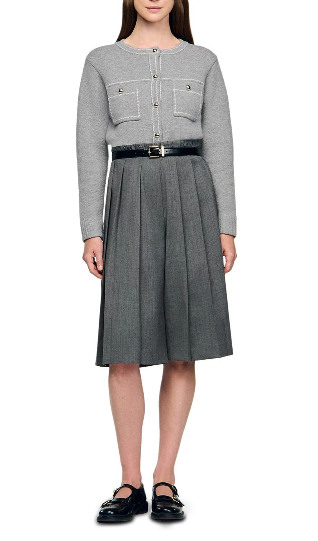 Elegant Grey Contrast Stitch Crewneck Cardigan for Women