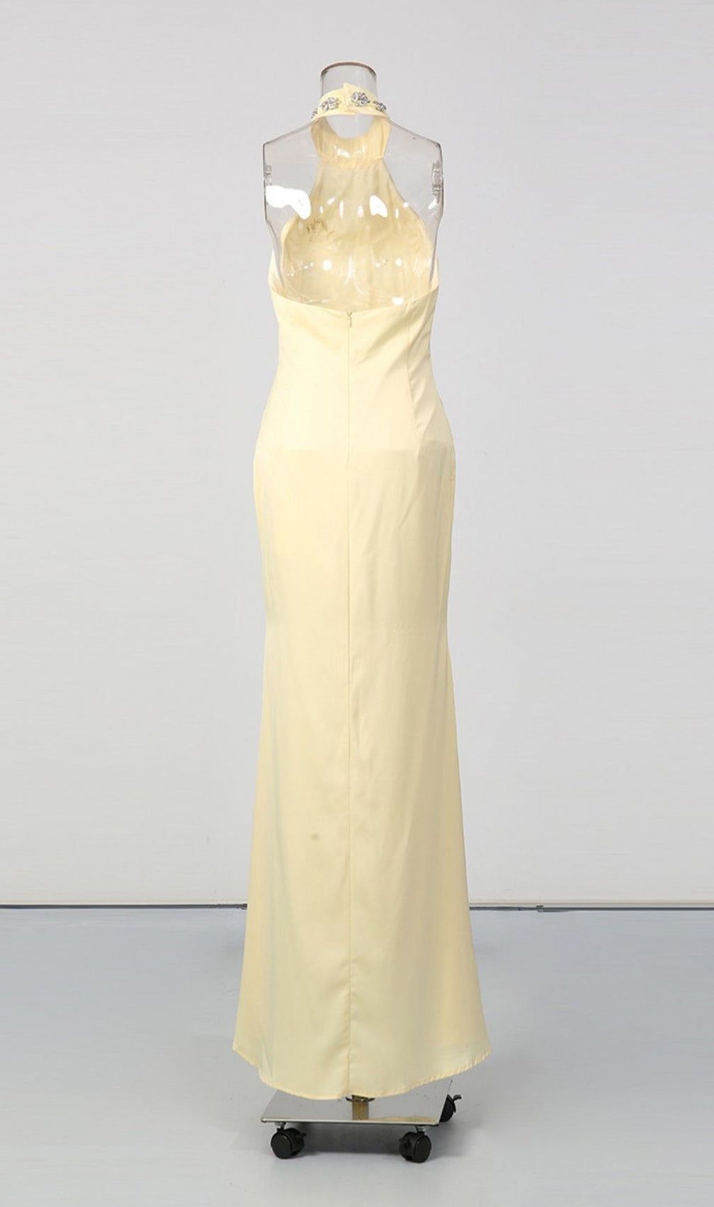Lacy Yellow Halter Diamante Maxi Dress
