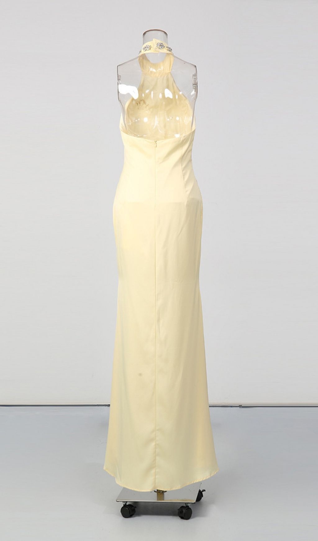Lacy Yellow Halter Diamante Maxi Dress