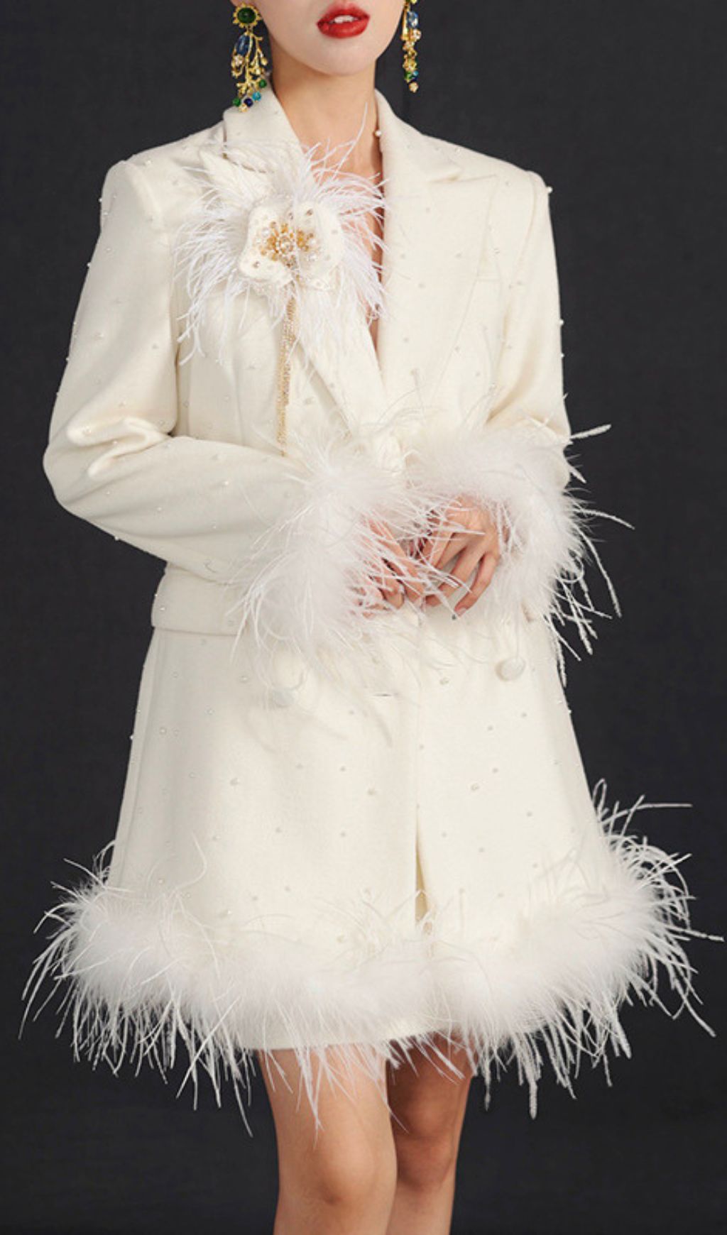 Hiba White Feather & Pearl Statement Blazer Dress