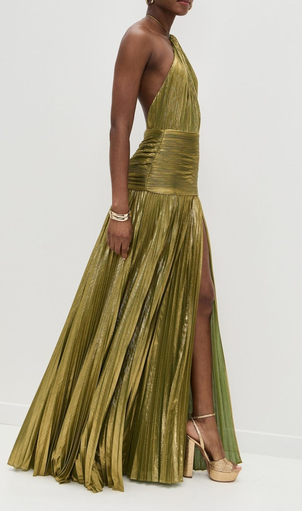 Syriona Halterneck Split Pleated Metallic Maxi Dress In Gold