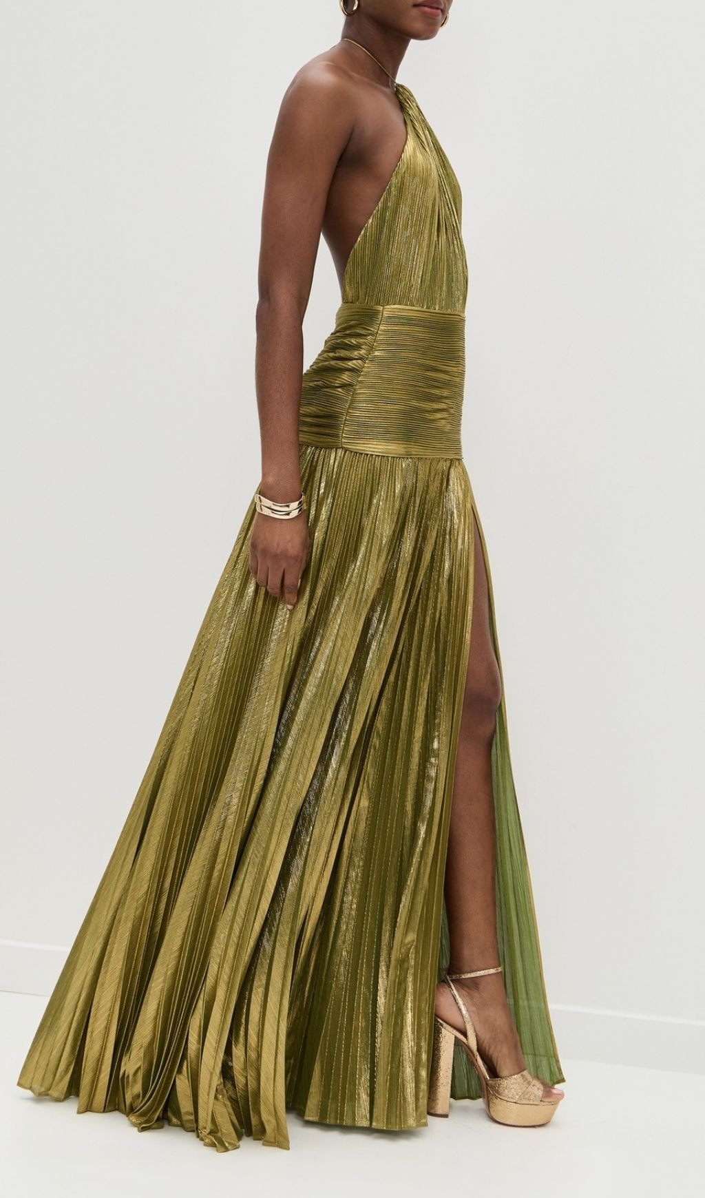 Syriona Halterneck Split Pleated Metallic Maxi Dress In Gold