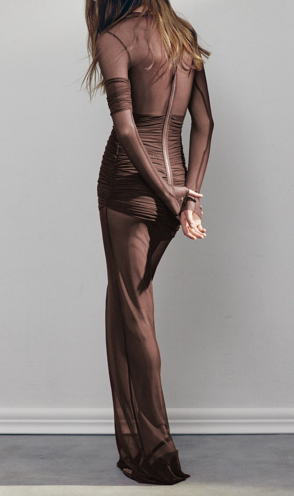 Long Sleeve Mesh Insert Draped Maxi Dress
