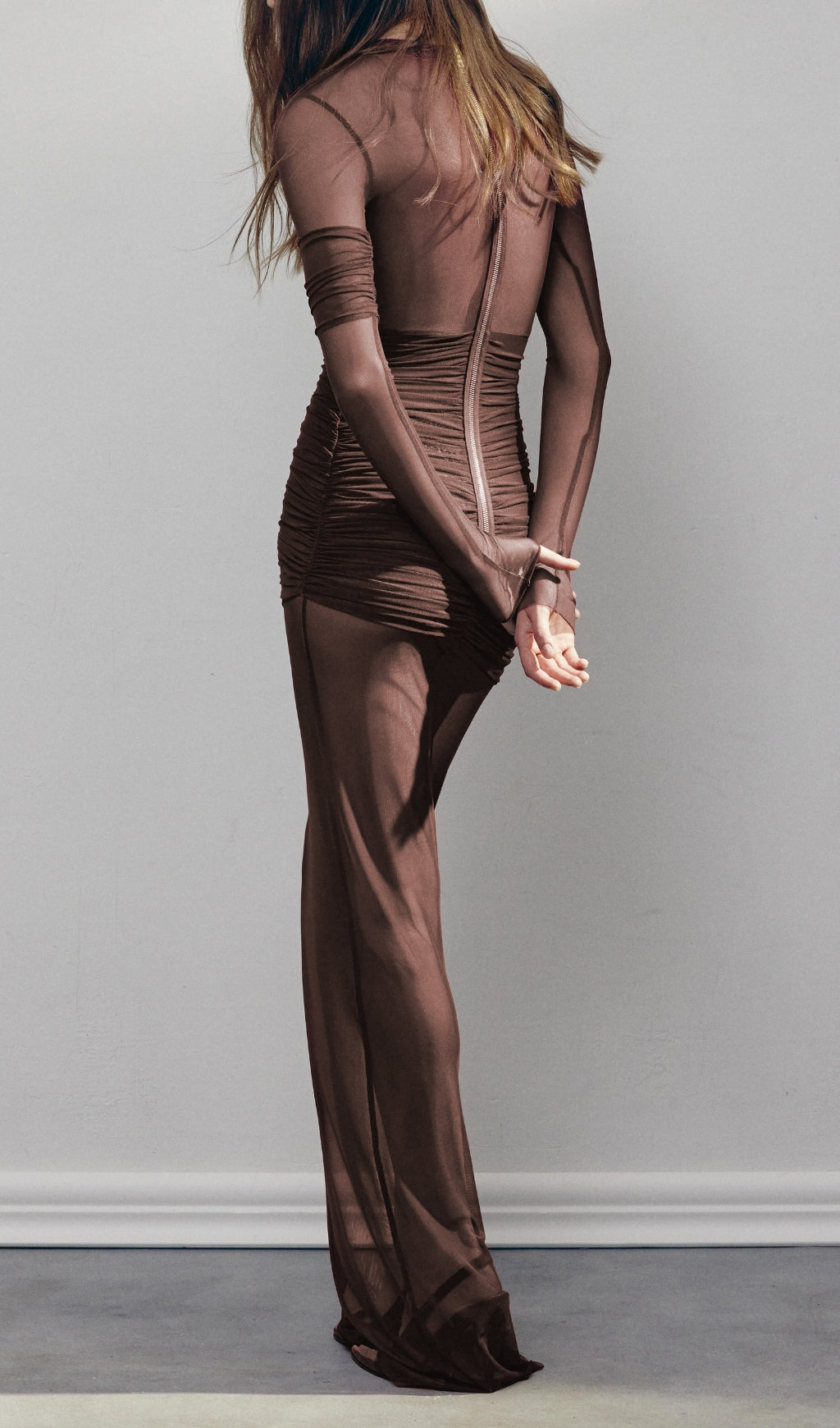 Long Sleeve Mesh Insert Draped Maxi Dress