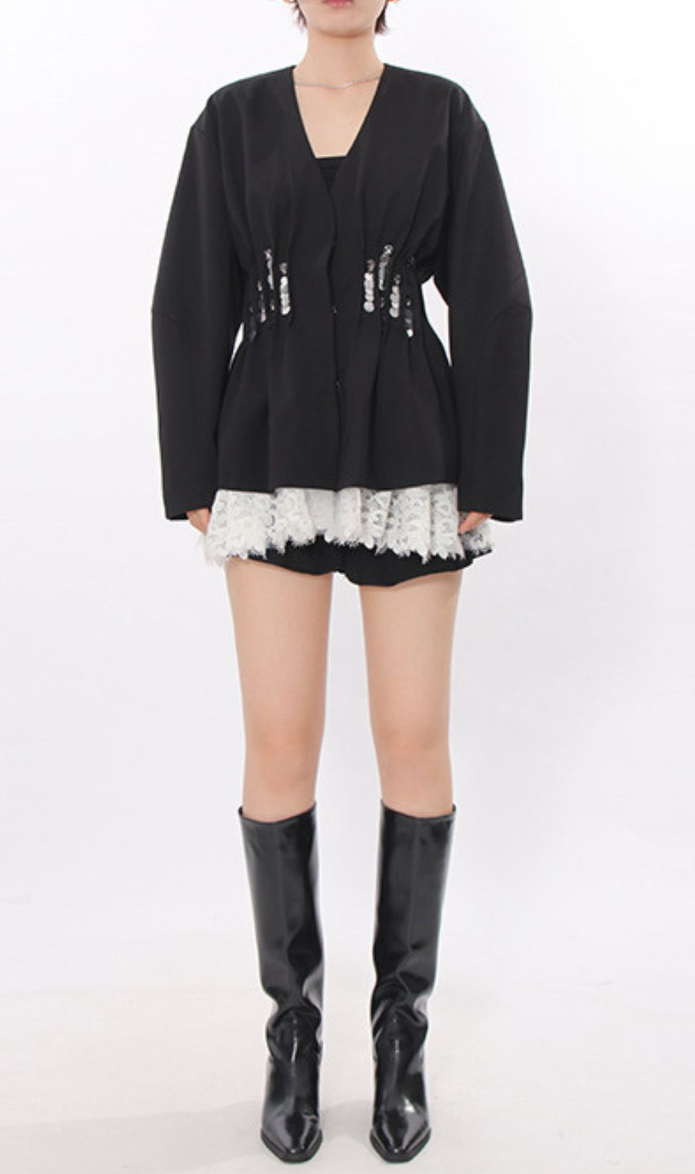 Janina Black Pleated Sequin Embellished Blazer – Chic Lace Patchwork Statement Jacket