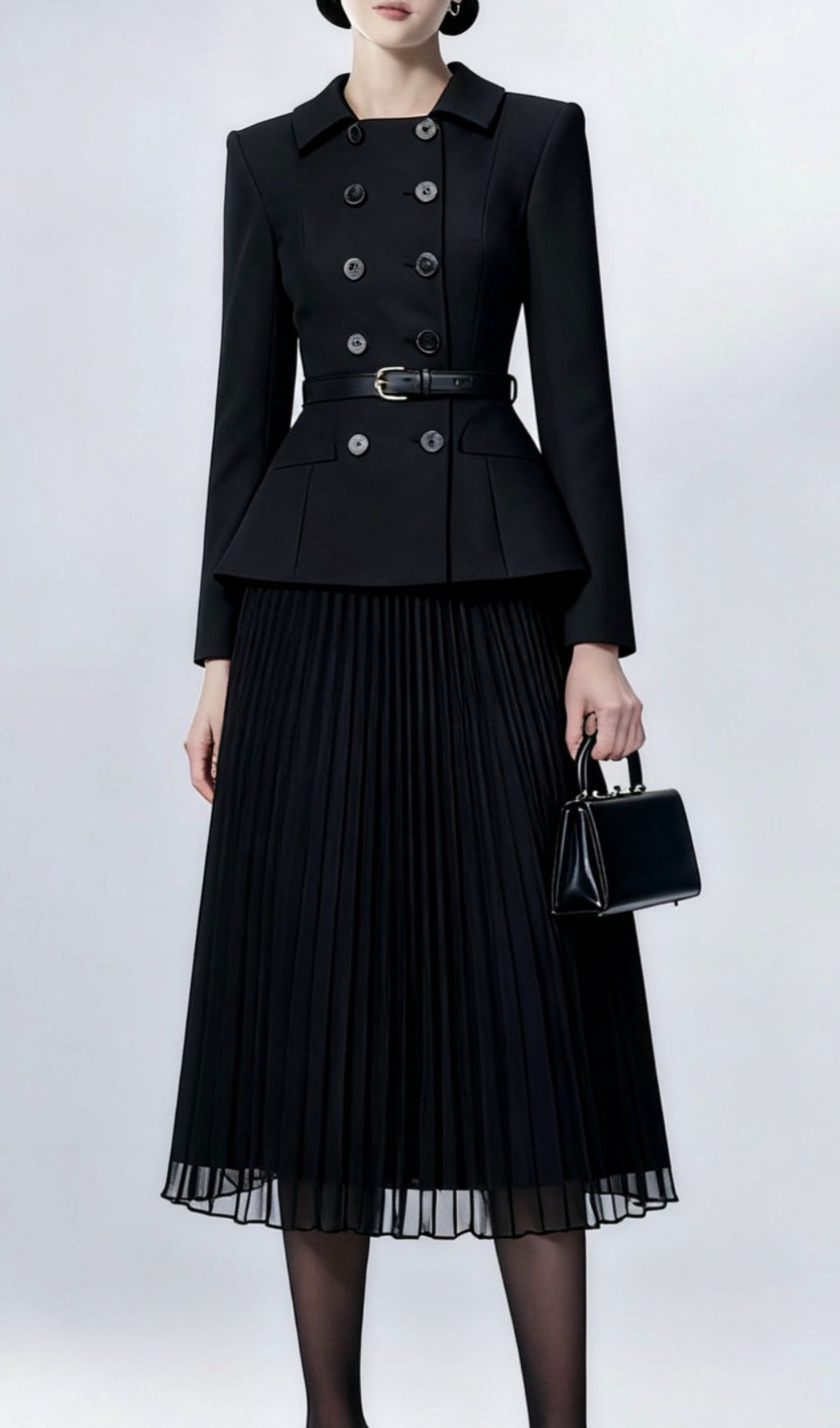 Julitta Black Peplum Power Midi Dress - Long Sleeve & Pleated Skirt