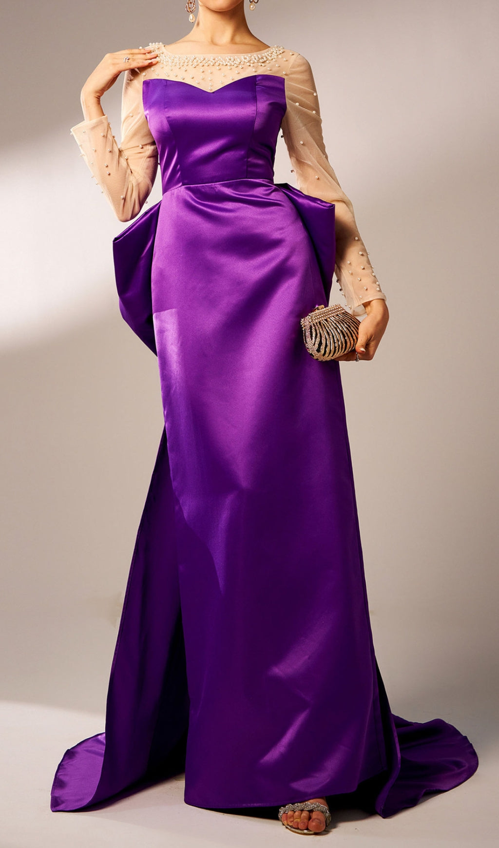 Cawny Purple Bow Long Sleeve Maxi Dress