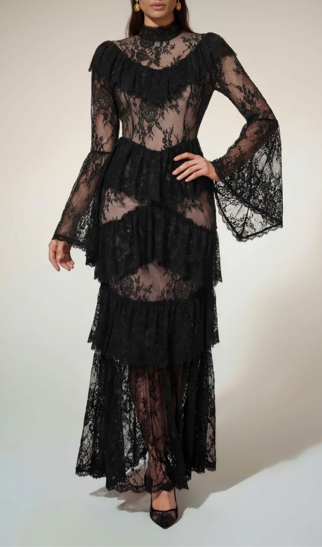 Aloysius Dramatic Black Lace Tiered Maxi Dress with Bell Sleeves