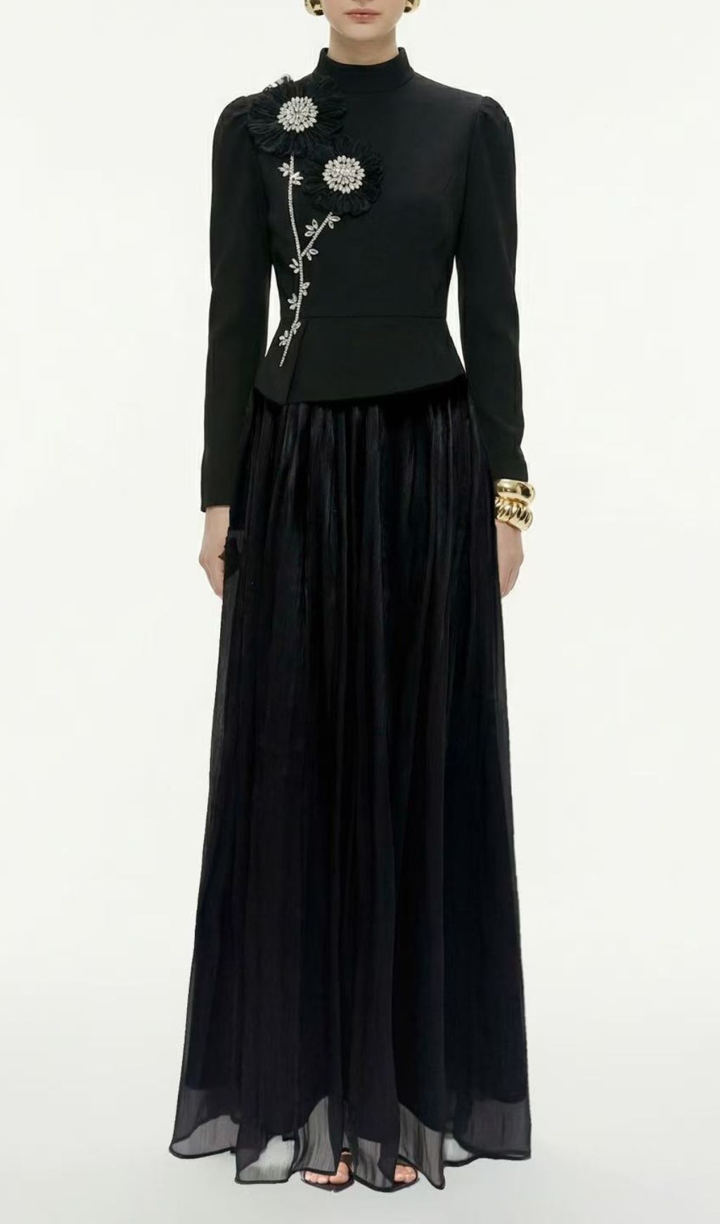 Jola White Floral Embellished Long Sleeve Skirt Set