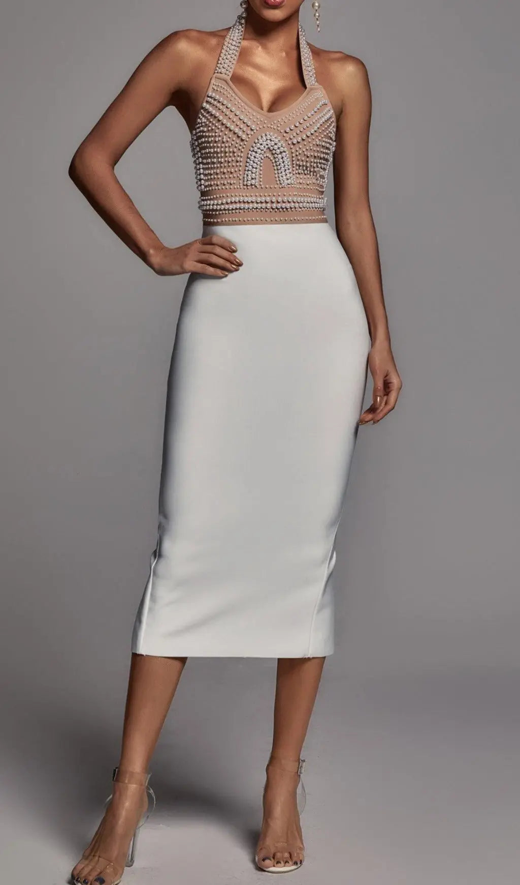 Beige Pearl Halter Bandage Midi Dress