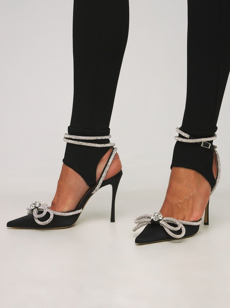 Bow Crystal Satin Heels In Black