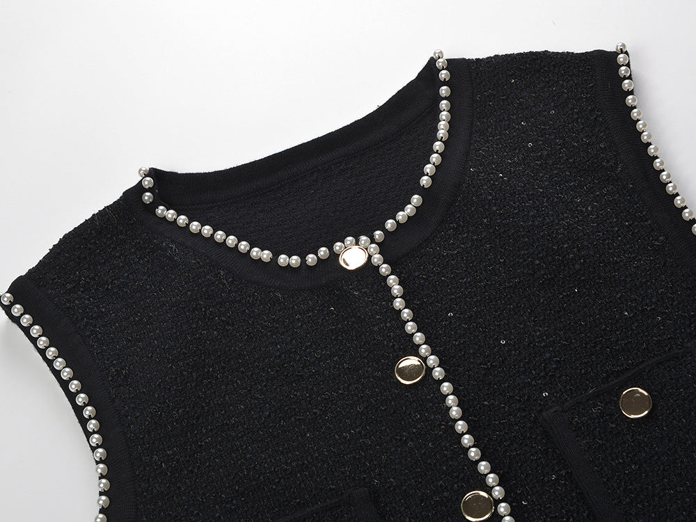 Chic Black Sparkle Tweed Sleeveless Vest Top with Pearl Buttons