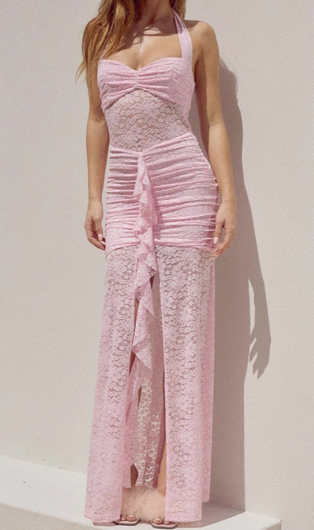 Fusayo Pink Halter Ruched Lace Maxi Dress